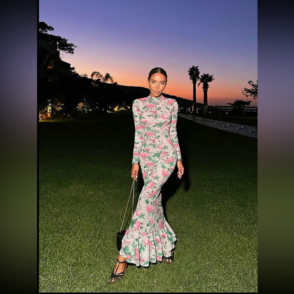 Pink and Green Ruffled Tiered Maxi Dress with Bishop Sleeves